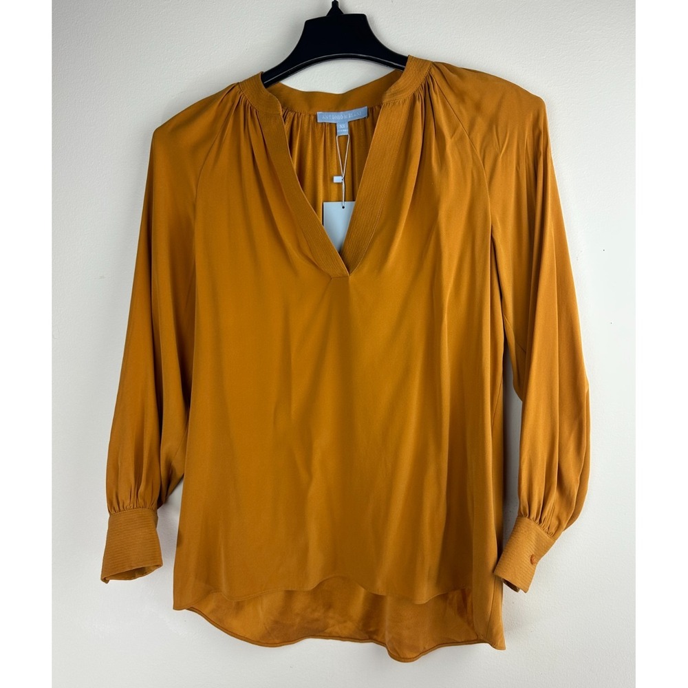 NEW Antonio Melani Talitha Silk Blend Blouse Dandelion Yellow Gold Split Neck XS - Picture 10 of 12